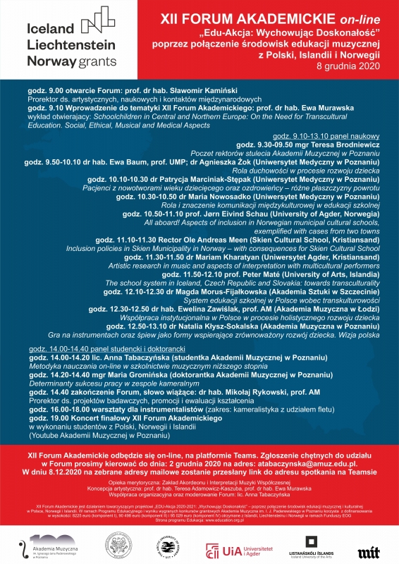 XII Forum Akademickie on-line „Edu-Akcja: Wychowując Doskonałość” poprzez połączenie środowisk edukacji muzycznej z Polski, Islandii i Norwegii